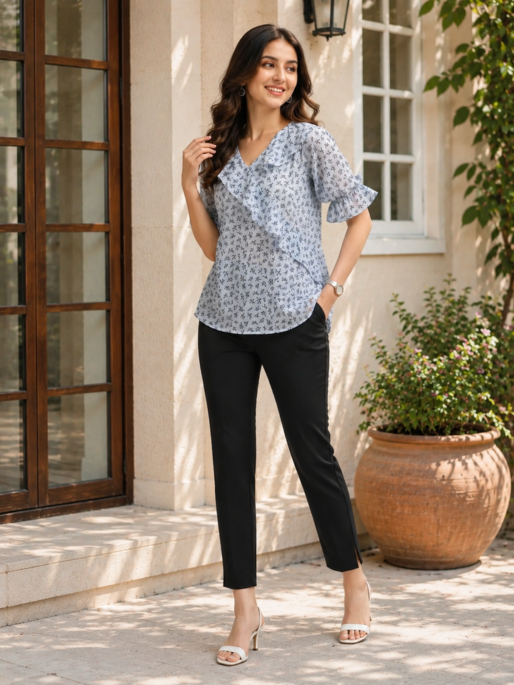 Grey Floral Georgette Top