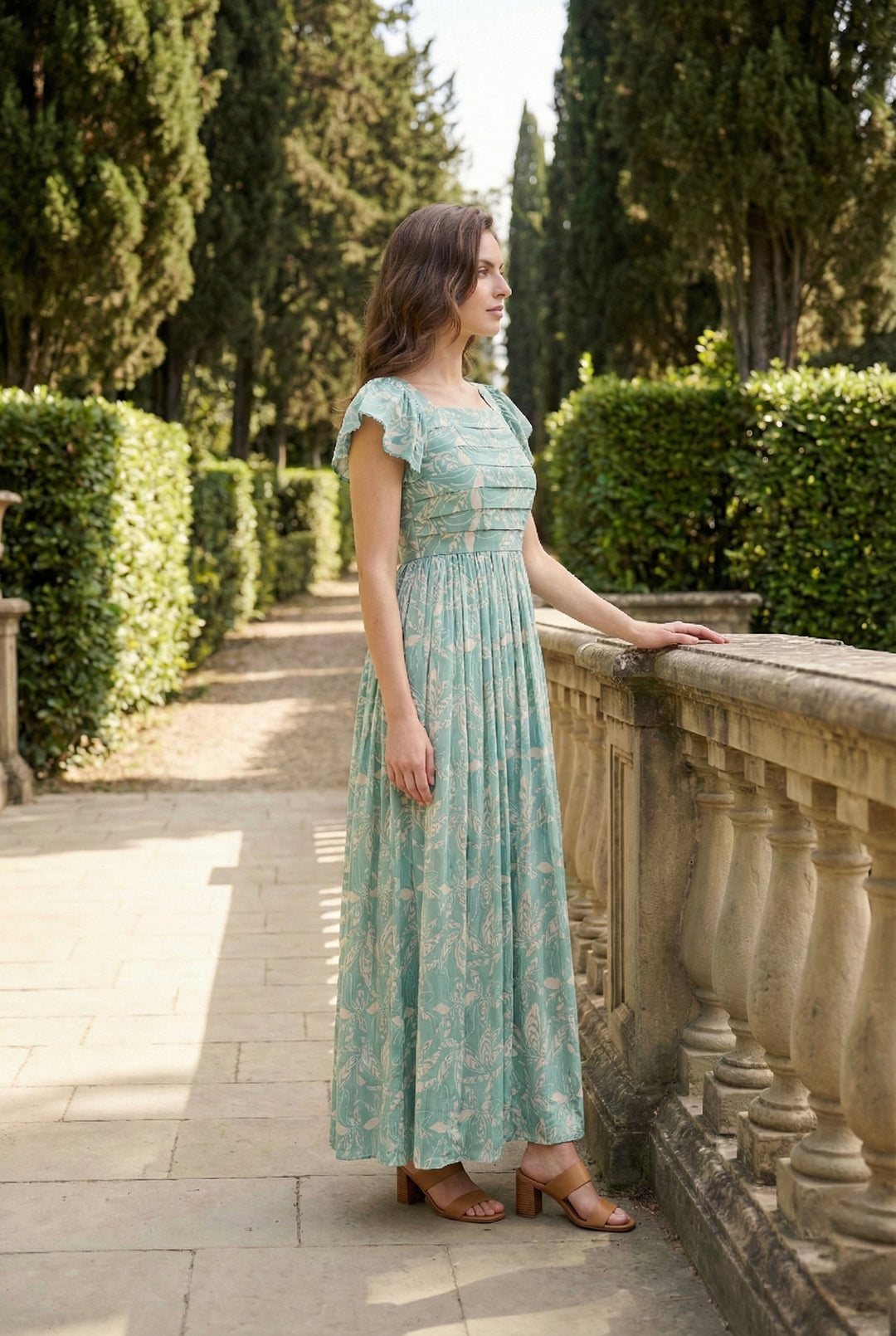 Sage Blossom Pintuck Maxi Dress
