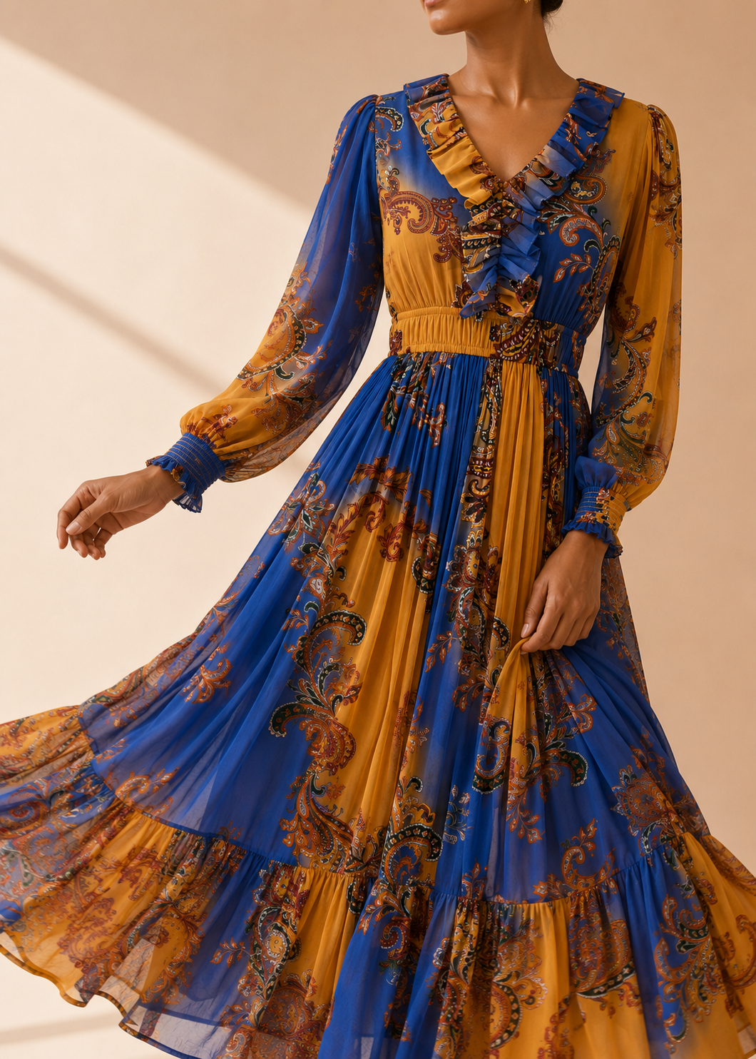 Regal Fable Maxi Dress in motion showing flowy pleated skirt and ruffle hem