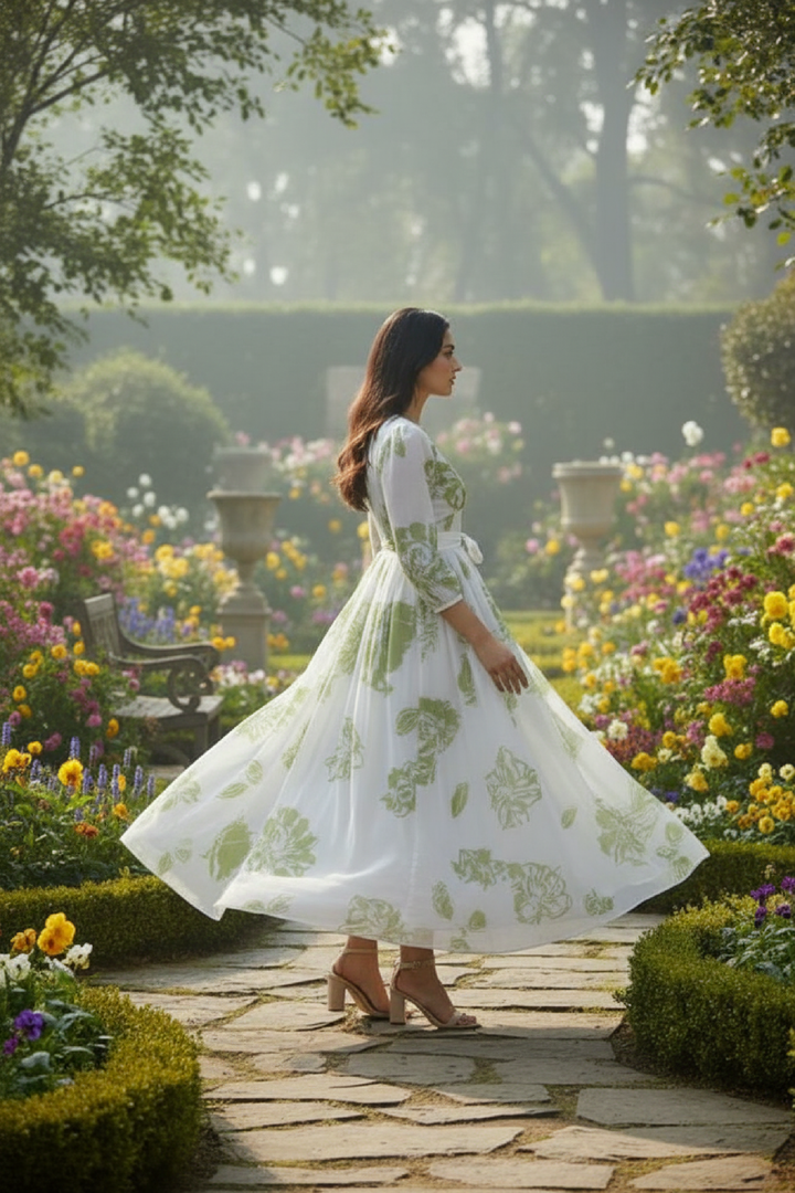 Woman in a white floral dress walking through a garden with colorful flowers and hedges.