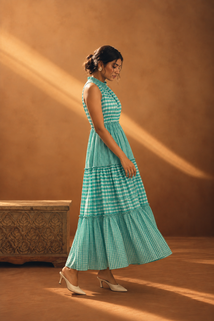 Aqua Gingham Maxi Dress