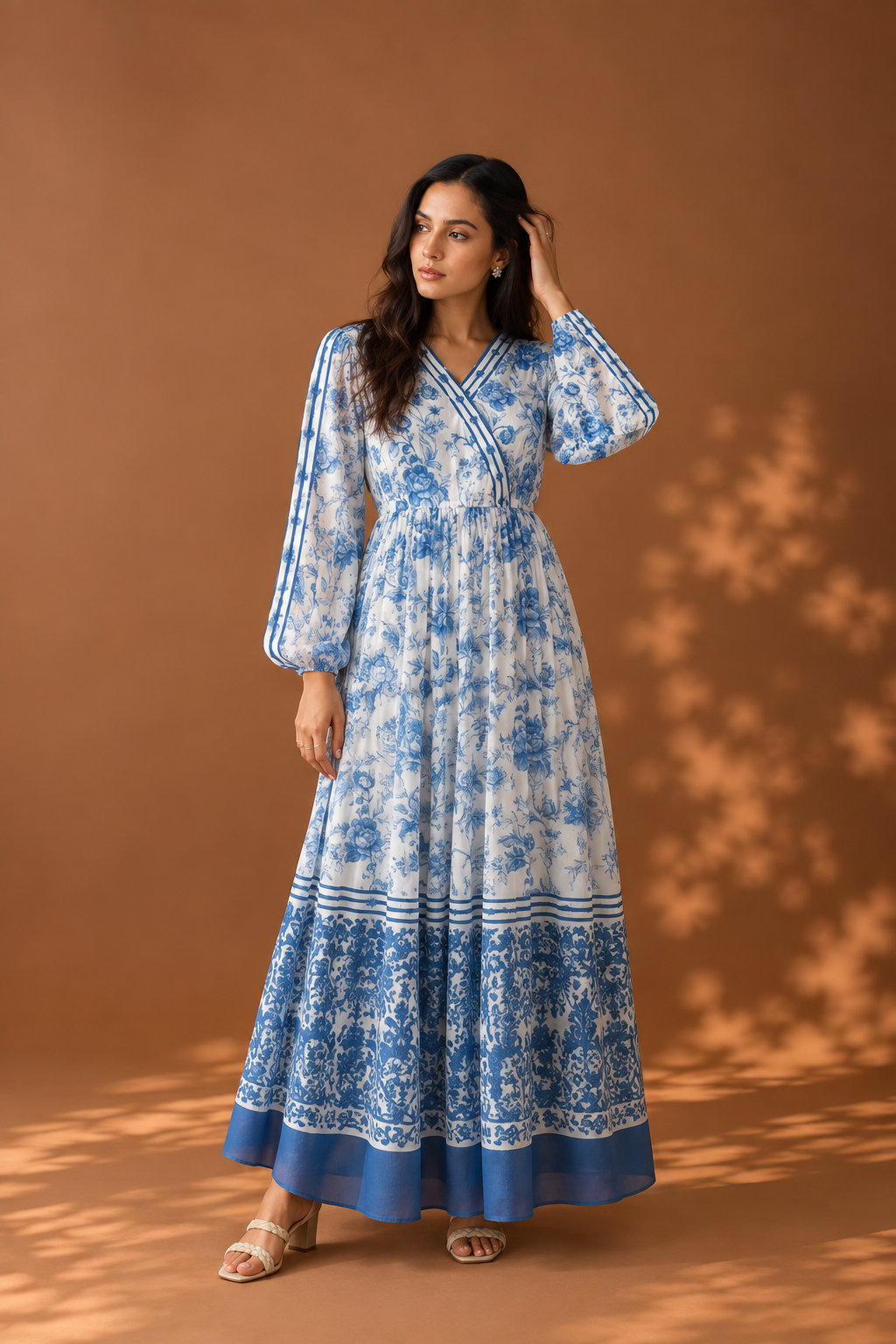 A woman models a long-sleeved blue and white floral maxi dress against a warm brown studio backdrop with soft leaf shadows.