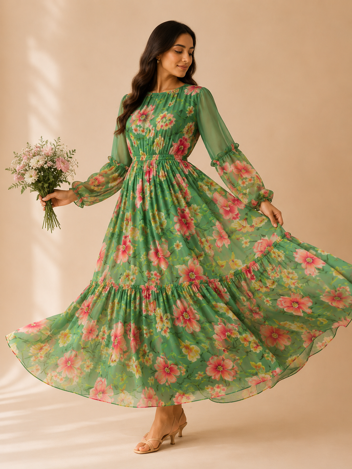 Celadon Drift Maxi Dress in motion showing flowy tiered skirt and ruffle hem