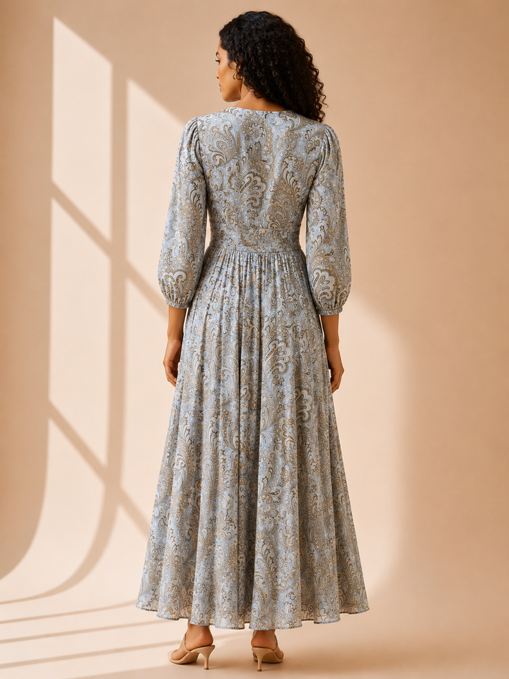 Slate Reverie Maxi Dress back view showing full length flowy georgette skirt
