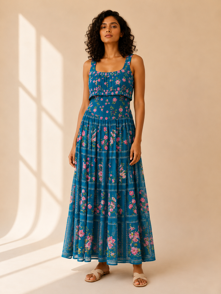 Aqua Reverie Maxi Dress full length front view with gota border detailing