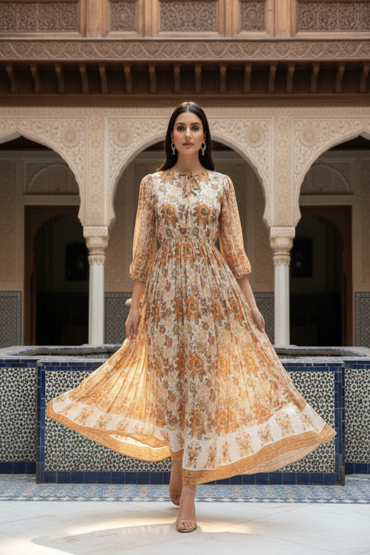 Woman in a floral dress standing in front of an architectural archway with columns.