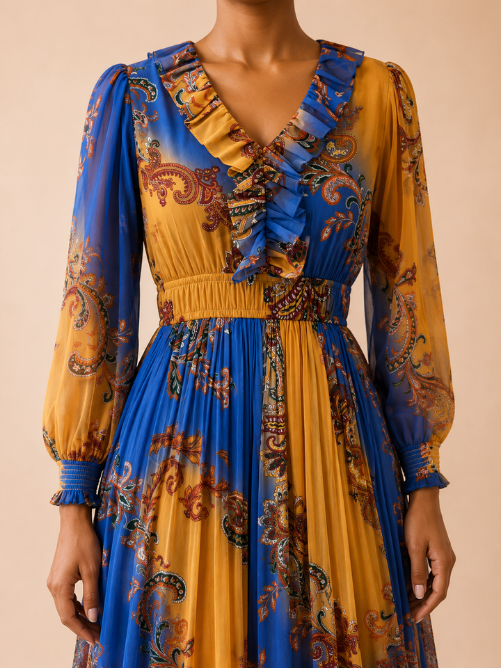 Close-up of Regal Fable Maxi Dress showing ruffle V-neck collar and smocked waist