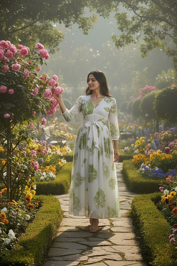 Woman in a floral dress walking through a garden with pink flowers and stone path.