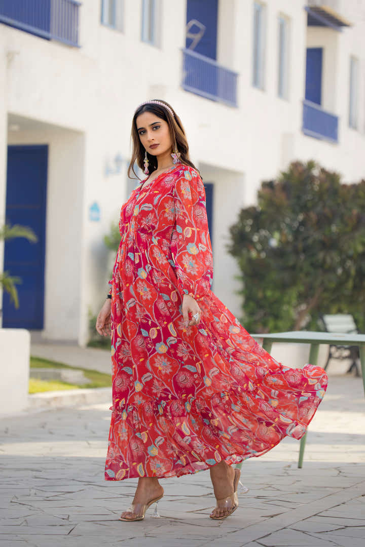 Side profile of Masakali's Ruby Romance maxi dress showcasing full sleeves