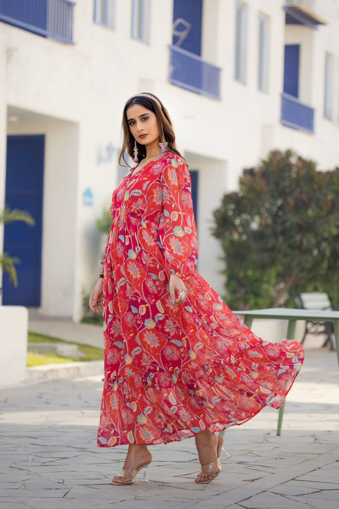 Side profile of Masakali's Ruby Romance maxi dress showcasing full sleeves