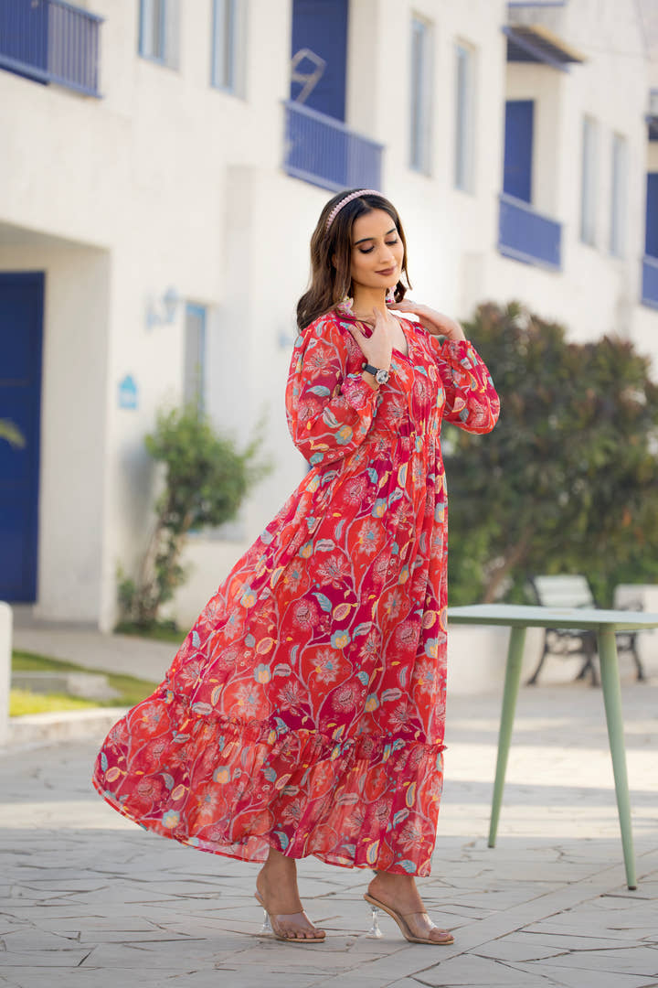 Side profile of Masakali's Ruby Romance maxi dress showcasing full sleeves