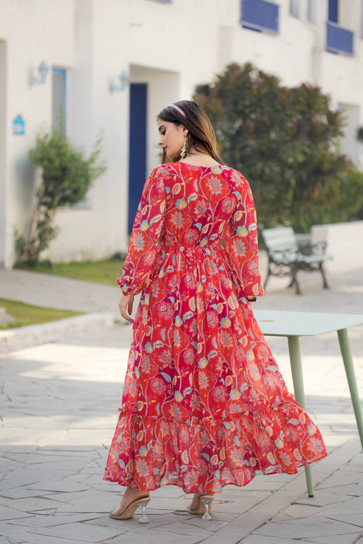 Back view of full sleeve red floral maxi dress with V-neckline