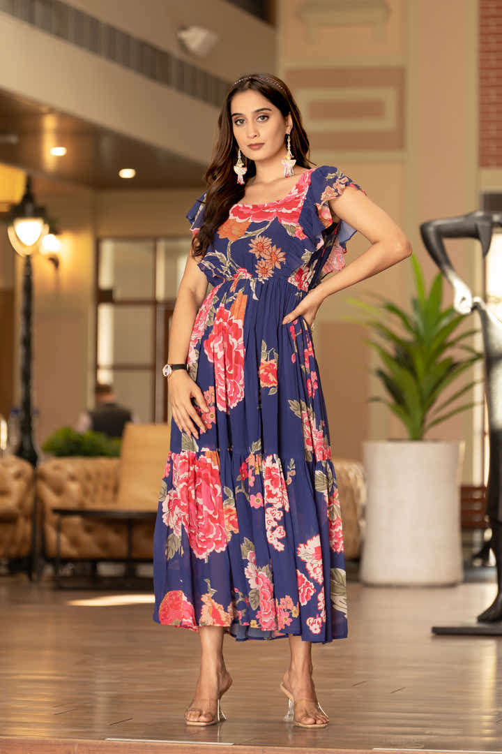 Pastel floral print georgette maxi dress for summer brunch look