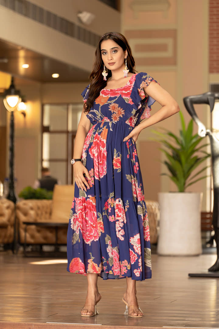 Pastel floral print georgette maxi dress for summer brunch look