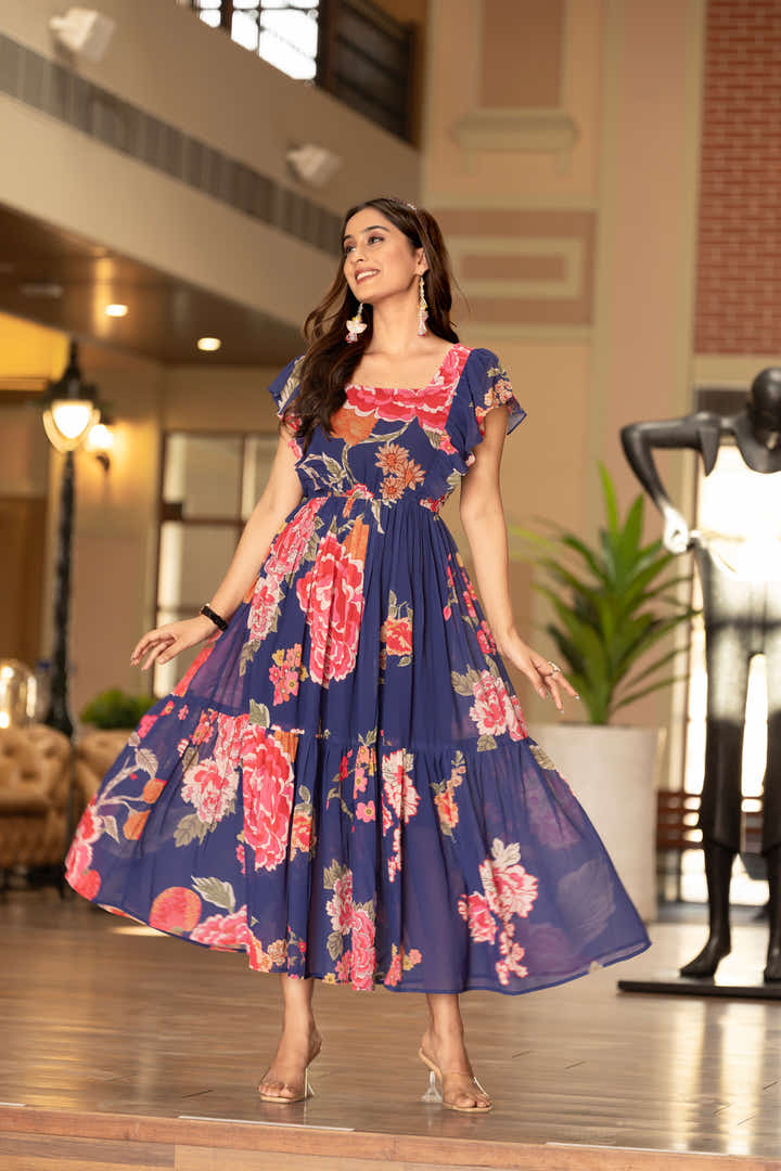 Model wearing puff sleeve floral maxi dress by Masakali
