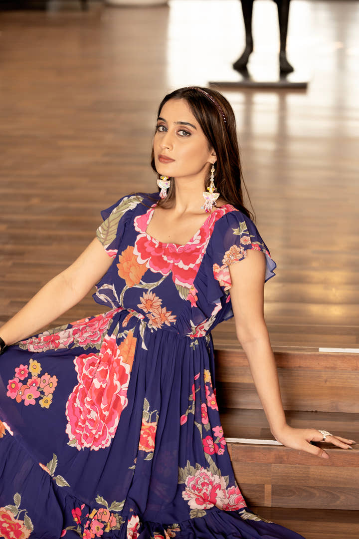 Close-up of pastel floral print on soft georgette fabric – Masakali dress detail