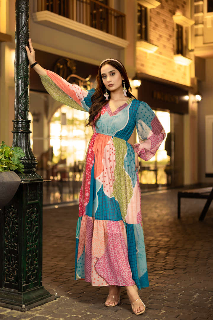Full-length view of multicolor floral maxi dress styled with silver accessories by masakali
