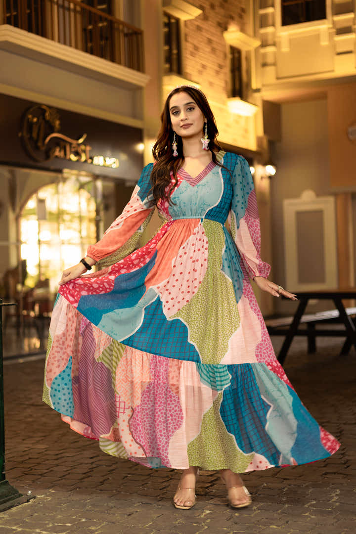Model wearing Mosaic Melody multicolor floral V-neck maxi dress by Masakali