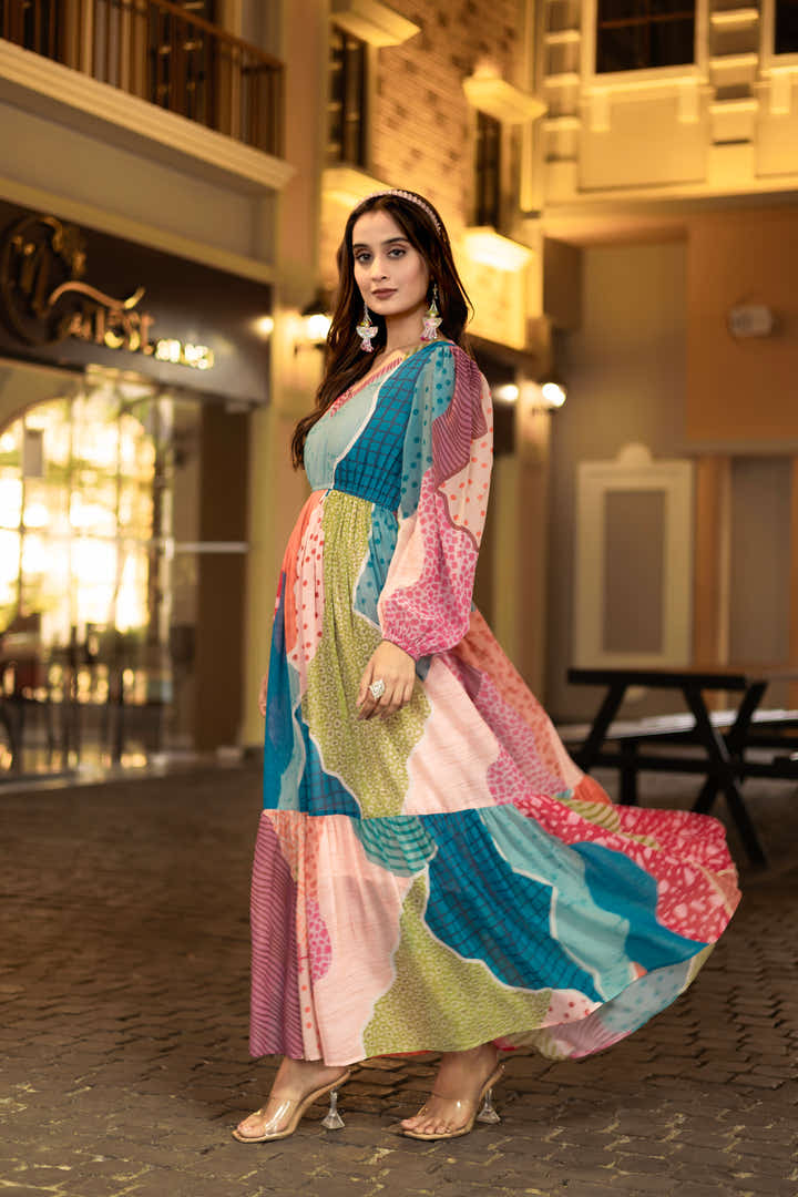 Side profile of Masakali's Mosaic Melody maxi dress showcasing sleeveless design by masakali