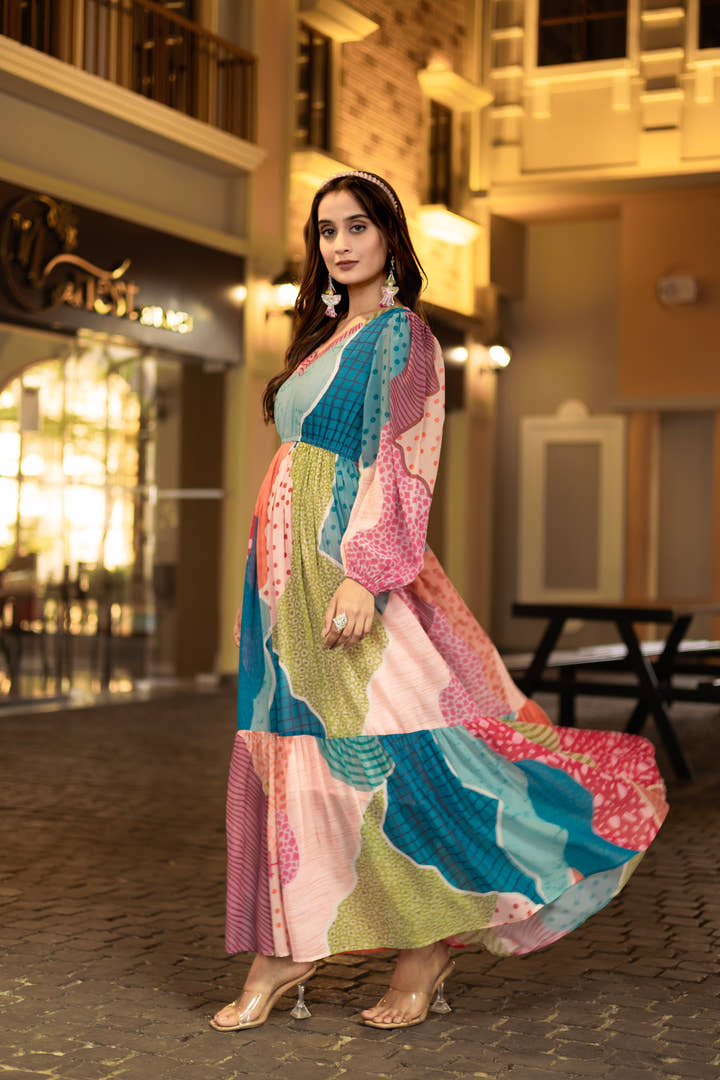 Side profile of Masakali's Mosaic Melody maxi dress showcasing sleeveless design by masakali