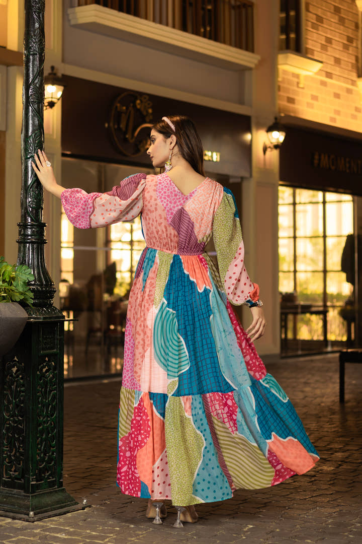 Back view of sleeveless floral maxi dress with V-neckline
