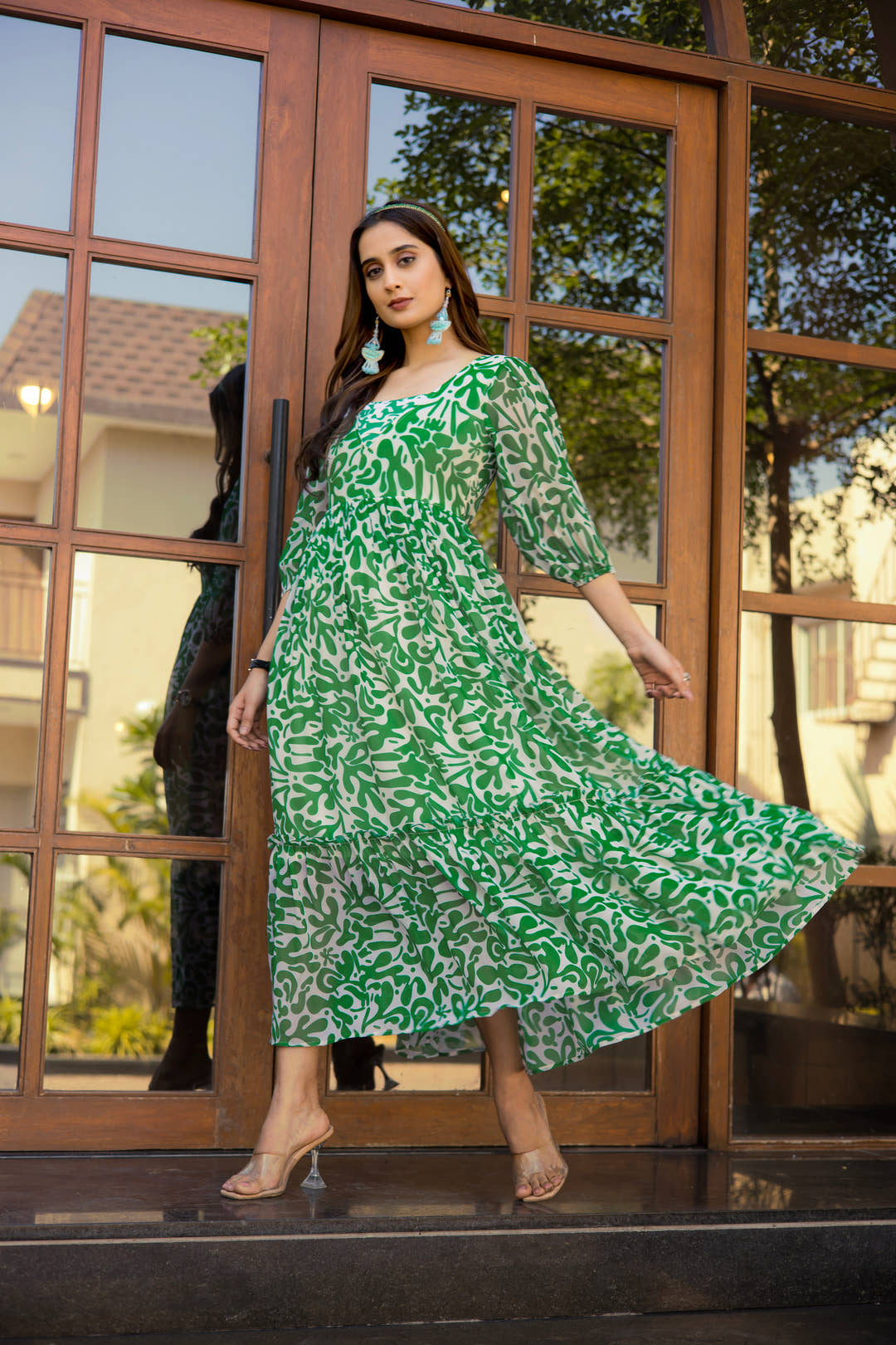 Side profile of Masakali's Summer Sprite dress showcasing elbow-length sleeves