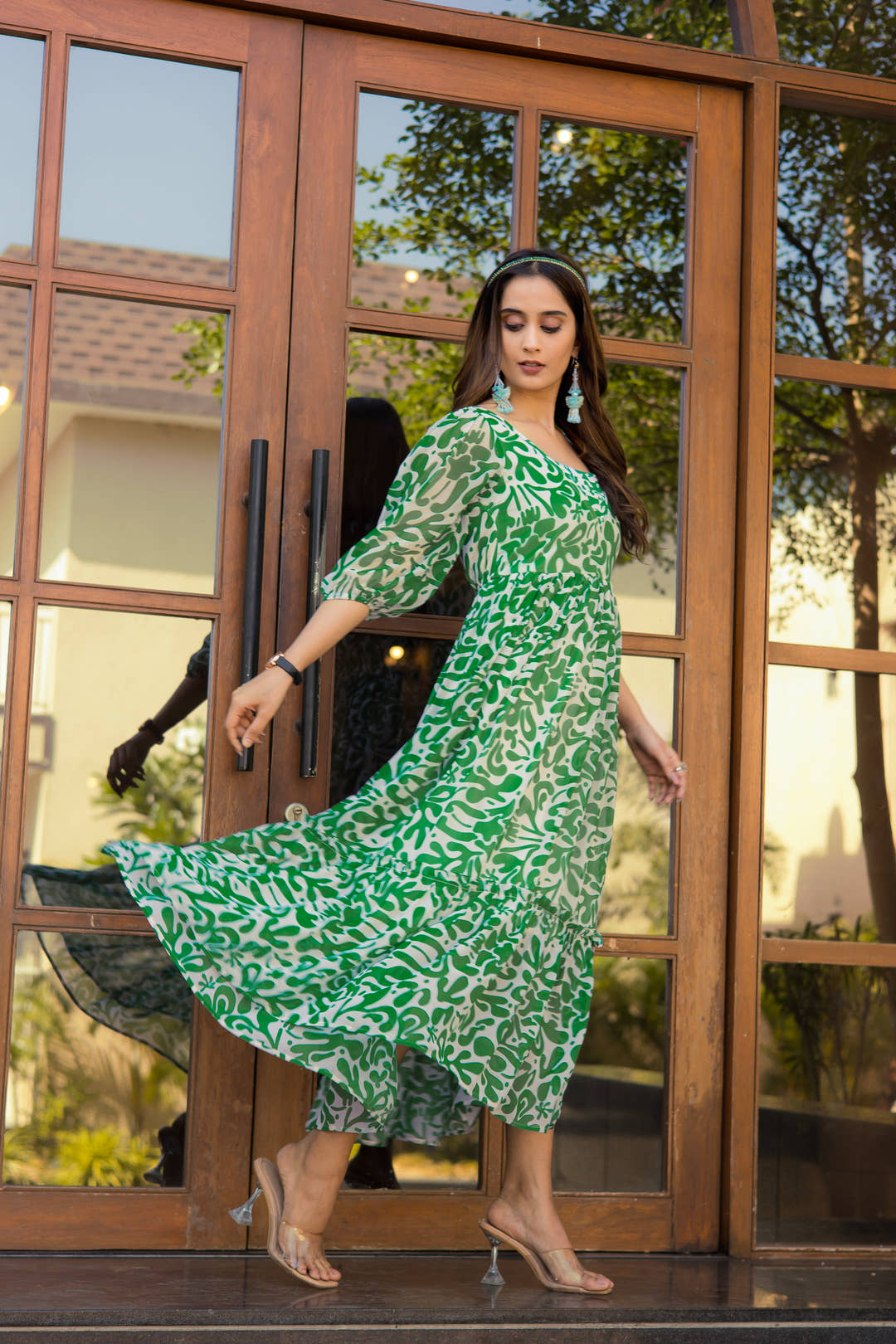 Side profile of Masakali's Summer Sprite dress showcasing elbow-length sleeves