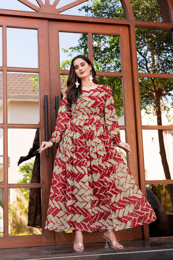 Model wearing Breezy Bohemian maroon and cream floral maxi dress by Masakali
