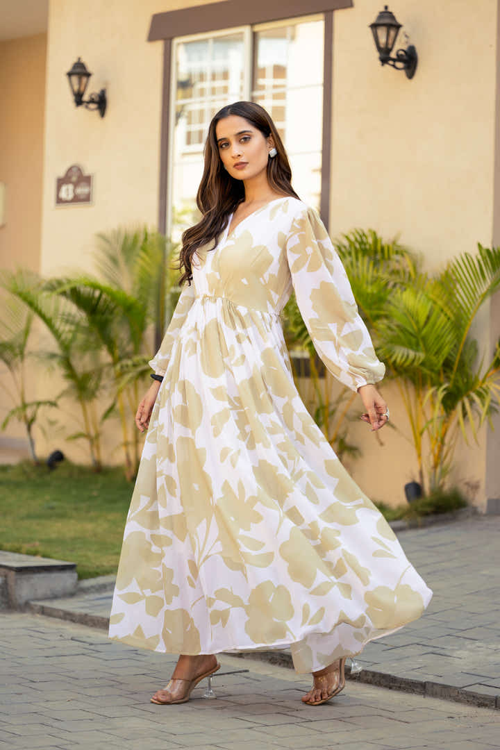 Model wearing Blush Dune Bloom petal green & cream floral maxi dress by Masakali
