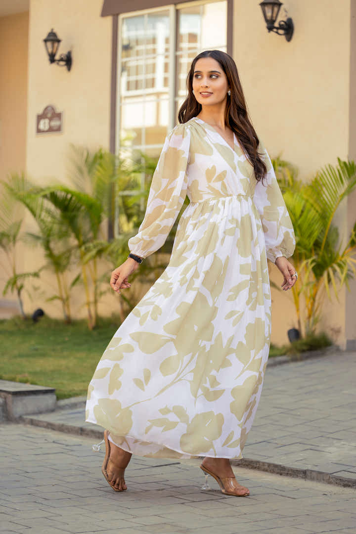 Side profile of Masakali's Blush Dune Bloom maxi dress showcasing full sleeves
