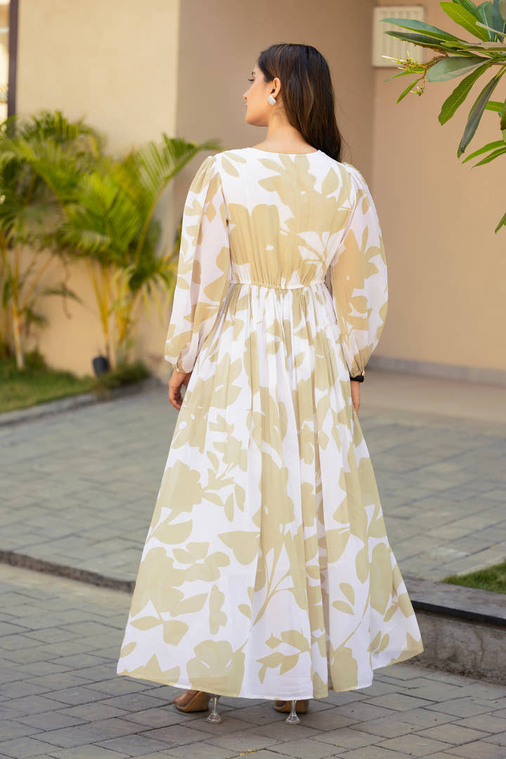 Back view of full sleeve floral maxi dress with V-neckline