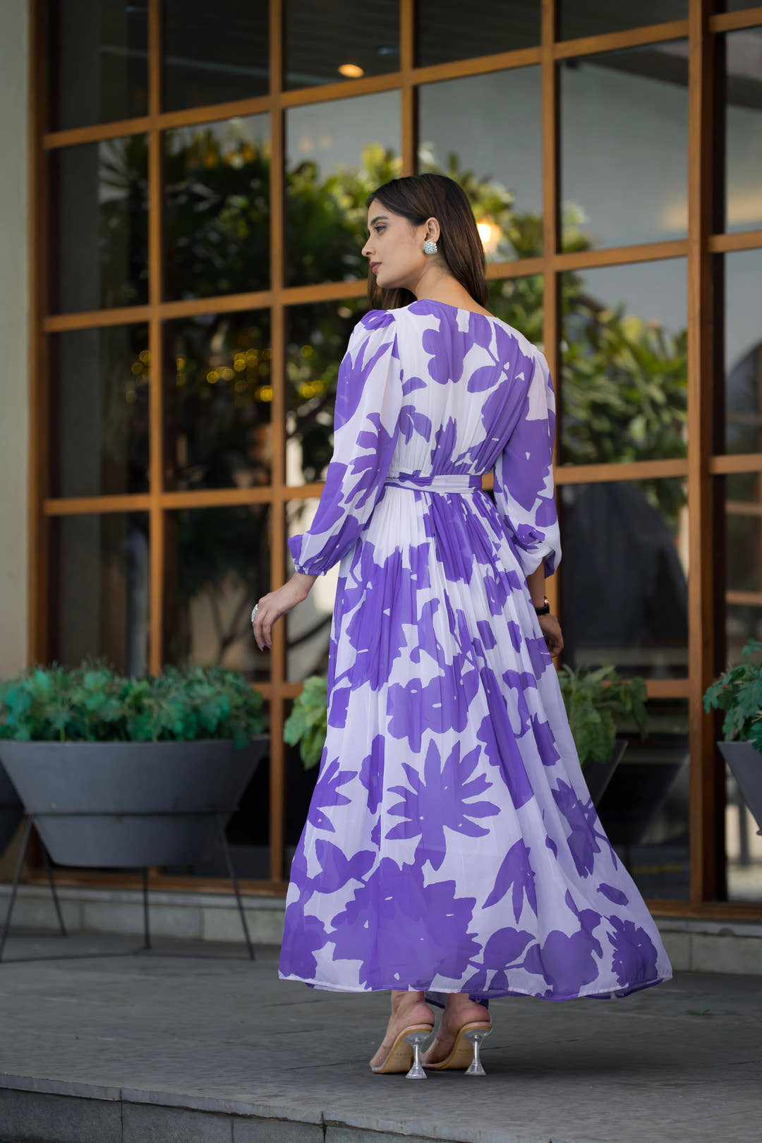 Back view of full sleeve lavender maxi dress with V-neckline by masakali