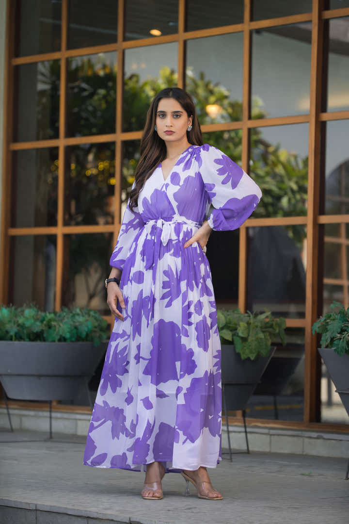 Full-length view of lavender maxi dress styled with silver accessories by masakali