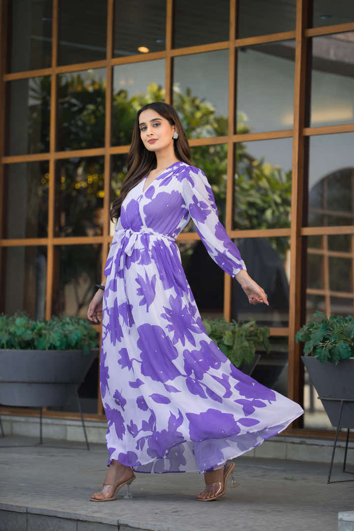 Model wearing The Lilac Dream lavender maxi dress by Masakali
