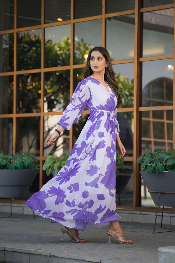 Side profile of Masakali's The Lilac Dream maxi dress showcasing full sleeves by masakali