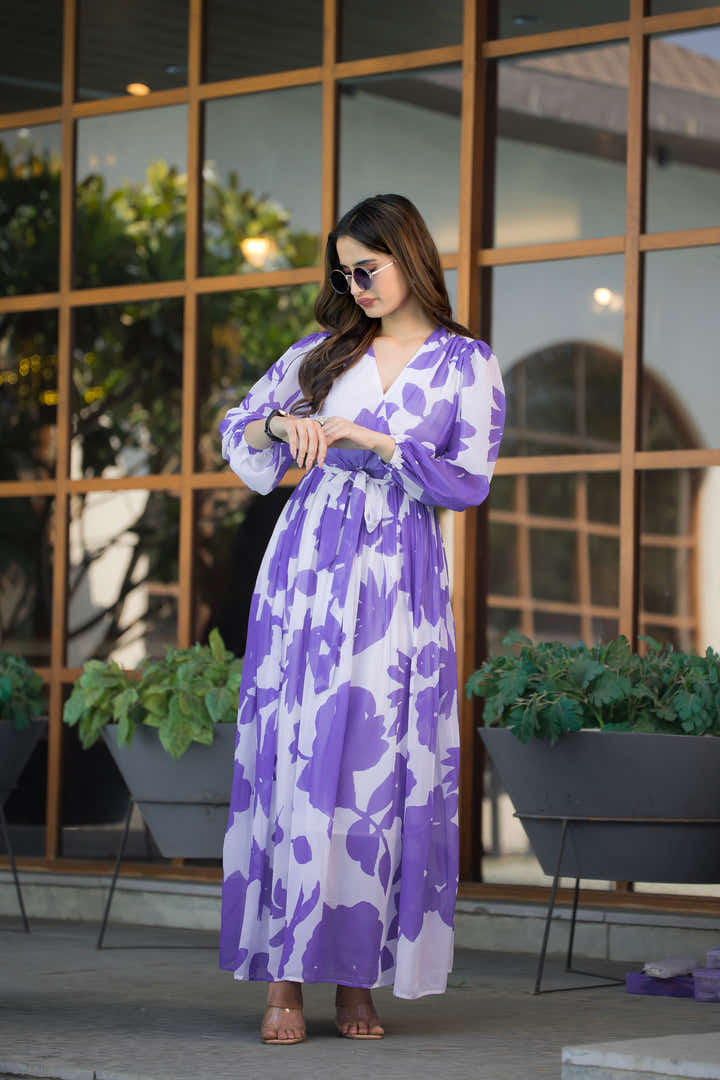 Full-length view of lavender maxi dress styled with silver accessories by masakali