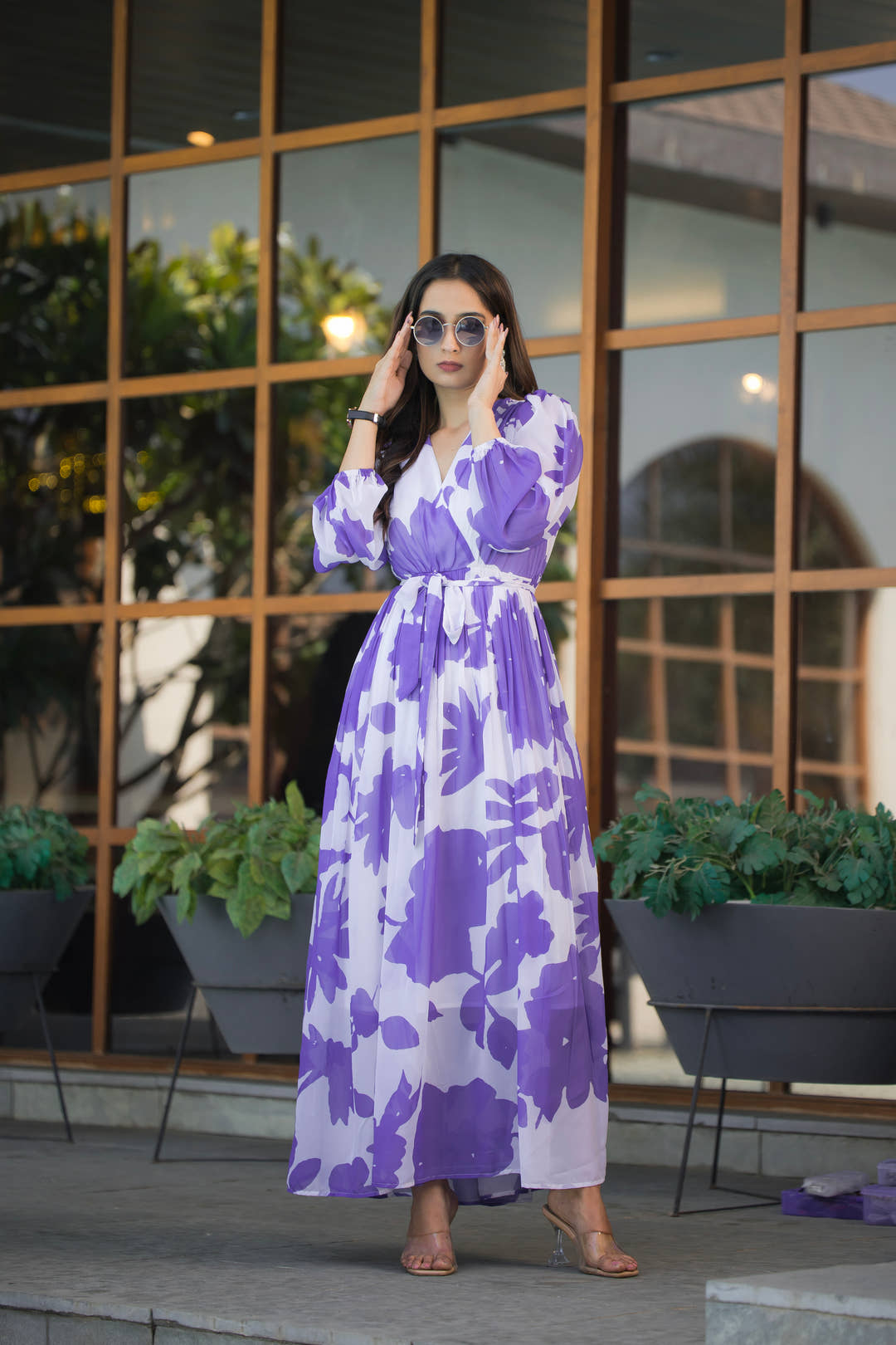 Full-length view of lavender maxi dress styled with silver accessories by masakali