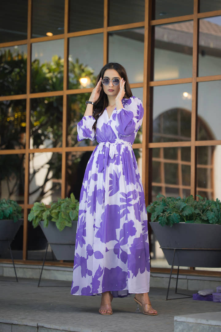 Full-length view of lavender maxi dress styled with silver accessories by masakali