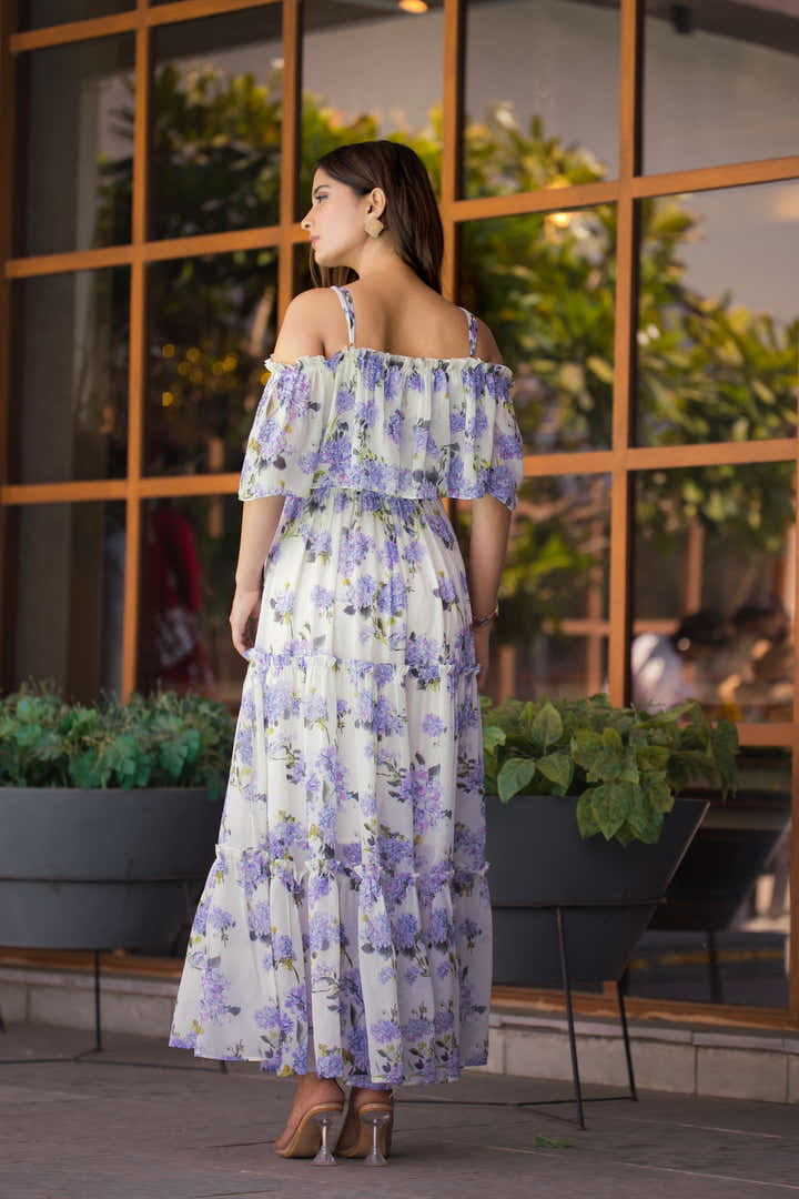 Back view of off-shoulder floral dress with elbow-length sleeves