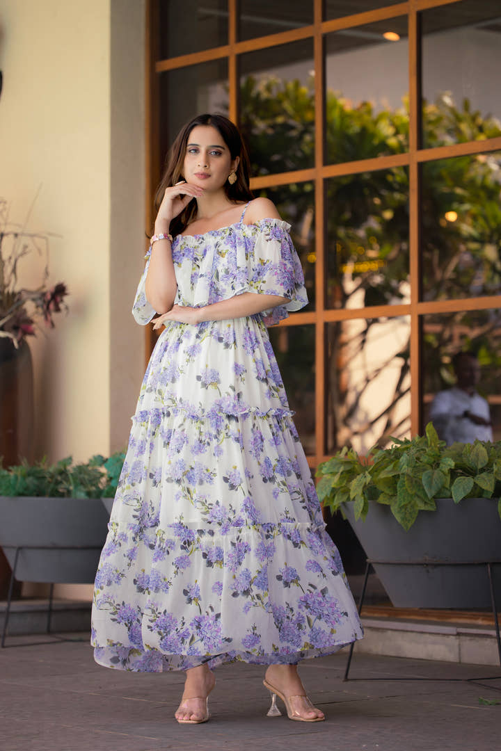Full-length view of lavender floral dress styled with silver accessories by masakali