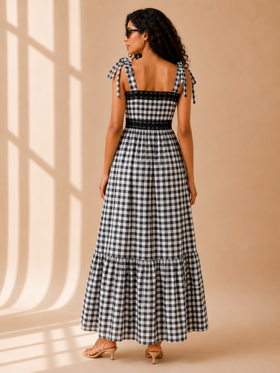 Gingham Reverie Maxi Dress back view showing open back and tie straps