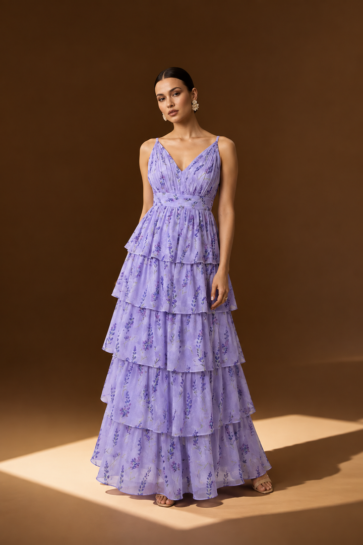 Iris Tier Maxi Dress full length front view showing periwinkle floral georgette 4-tier ruffled maxi with deep V-neck and spaghetti straps