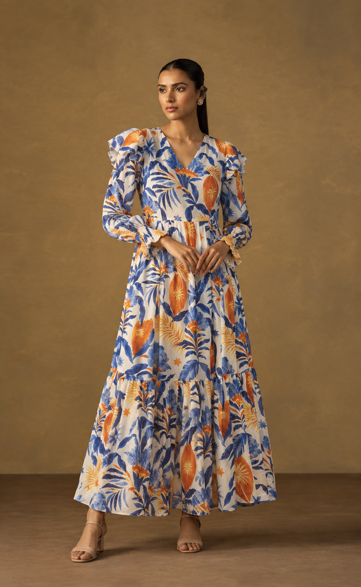 Palm Drift Maxi Dress full length front view showing white tropical botanical print georgette maxi with ruffle shoulders and puff sleeves
