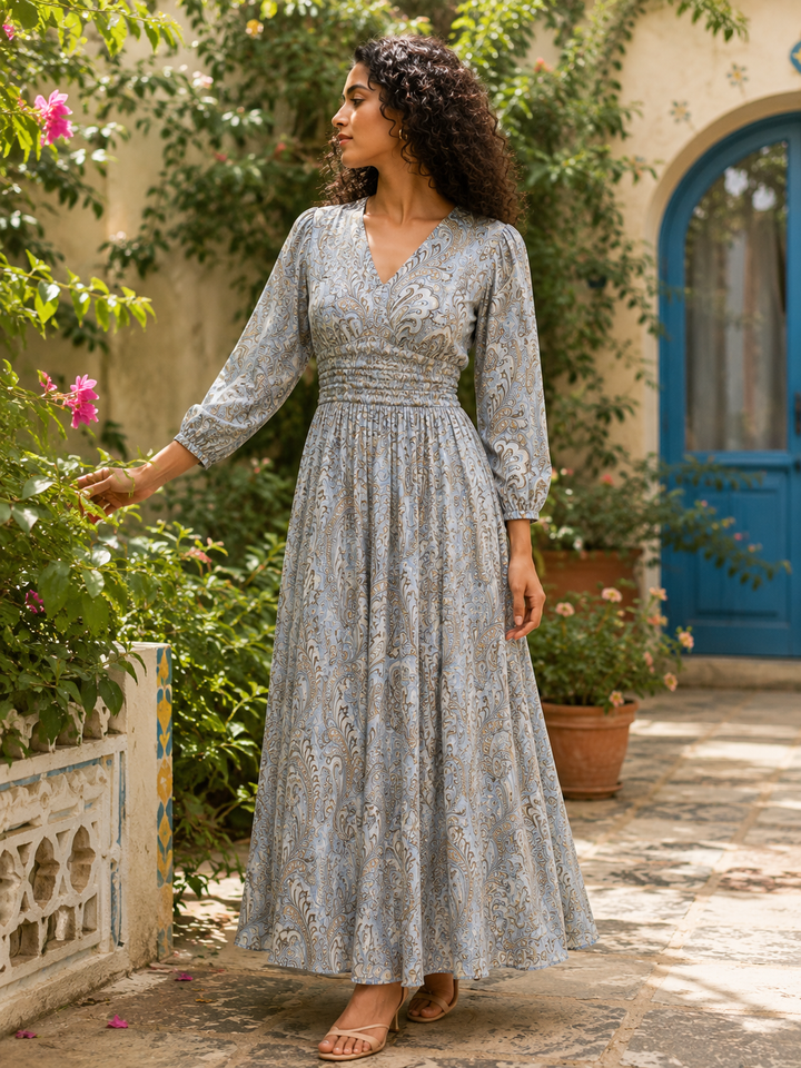 Slate Reverie Maxi Dress outdoor lifestyle shot in garden setting