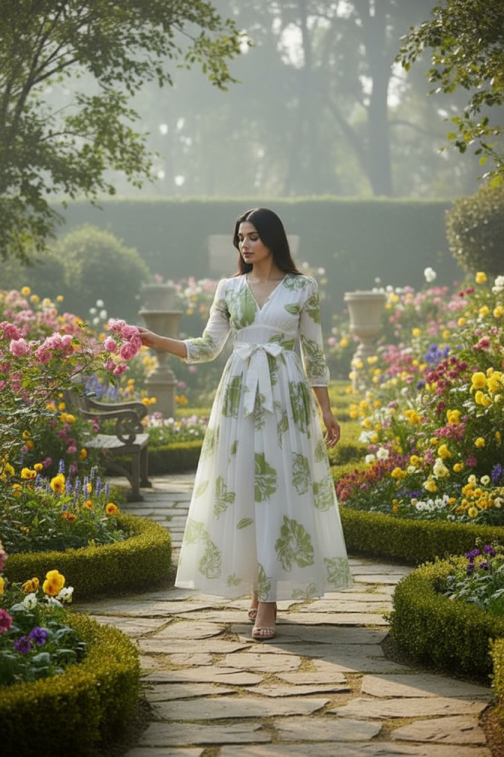 Woman in a floral dress walking through a garden with colorful flowers and a stone path.