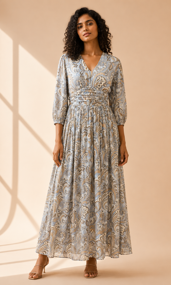 Slate Reverie Maxi Dress full length front view showing complete silhouette