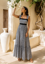 Gingham Reverie Maxi Dress full length outdoor lifestyle shot