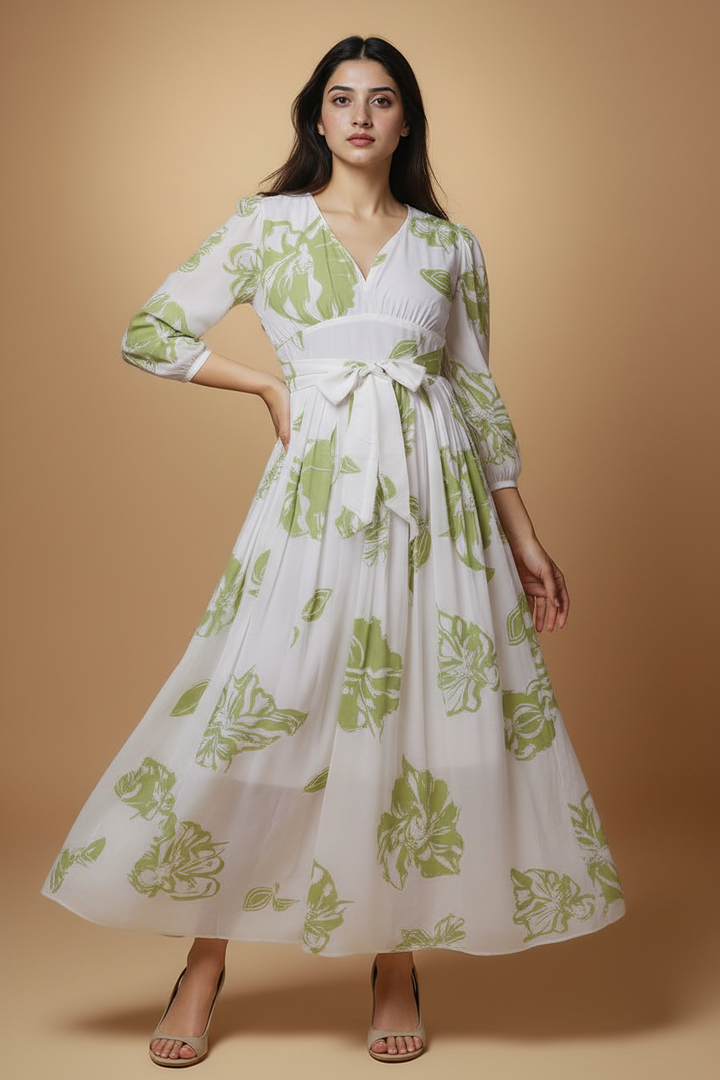 Woman wearing a white dress with green floral patterns on a beige background