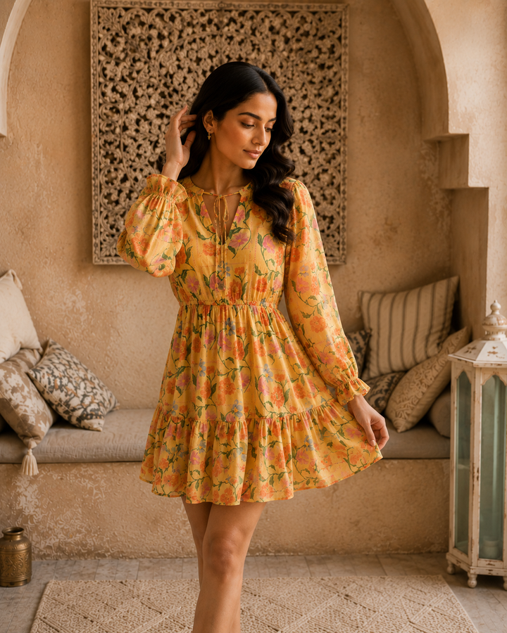 Golden Fleur Mini Dress full length front view showing amber floral print with keyhole tie neckline and puff sleeves