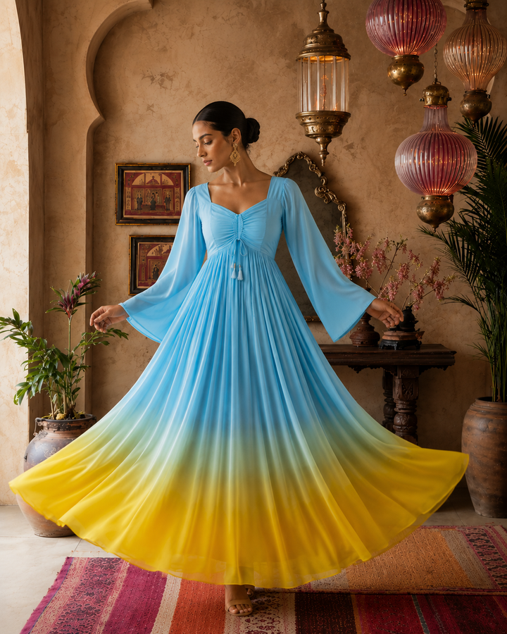 Ombre Reverie Maxi Dress full length twirl shot showing sky blue to yellow ombre gradient with bell sleeves